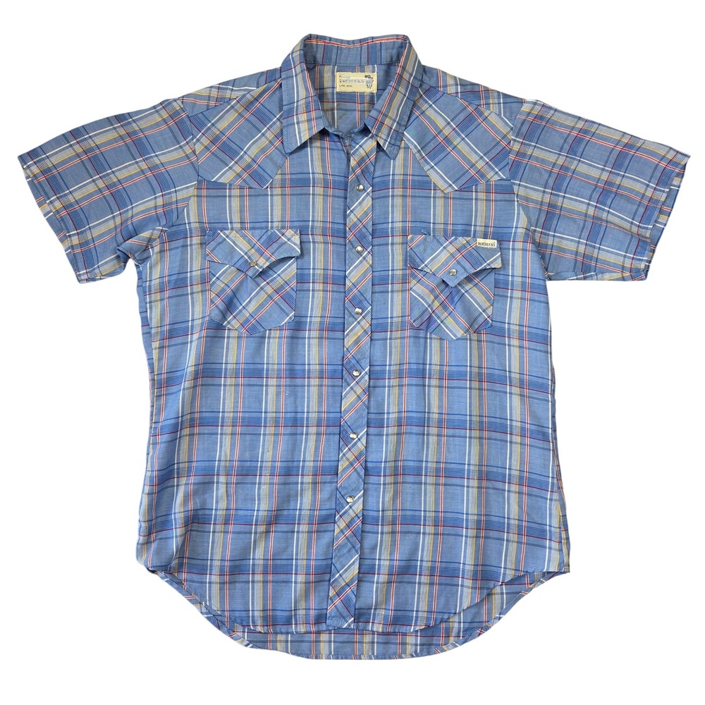 Vintage Roebucks Mens Blue Plaid Western Pearl Snap Short Sleeve Shirt L Western